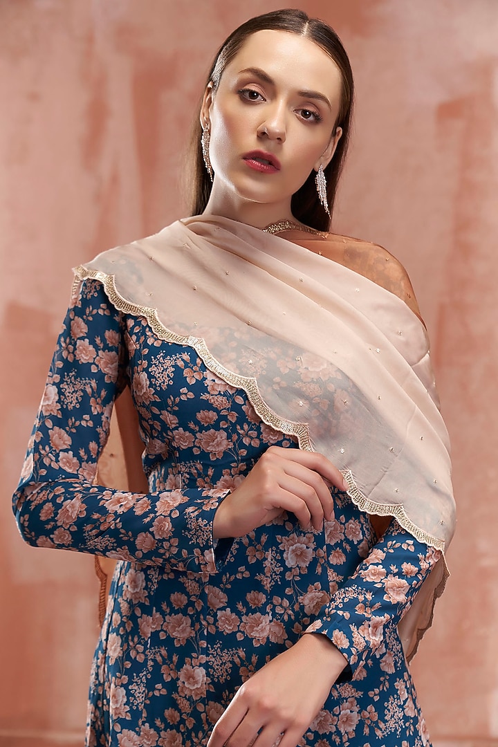 Teal Blue Floral Printed Party Wear Anarkali Set by Suruchi Parakh at Pernia's Pop Up Shop