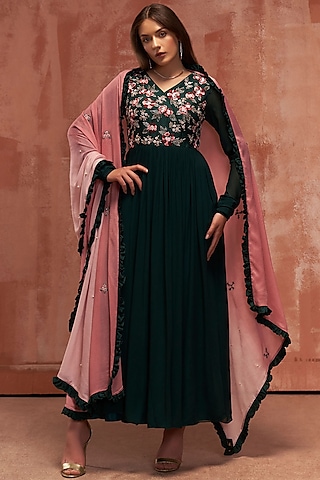 Bottle Green Embroidered Anarkali Set by Suruchi Parakh