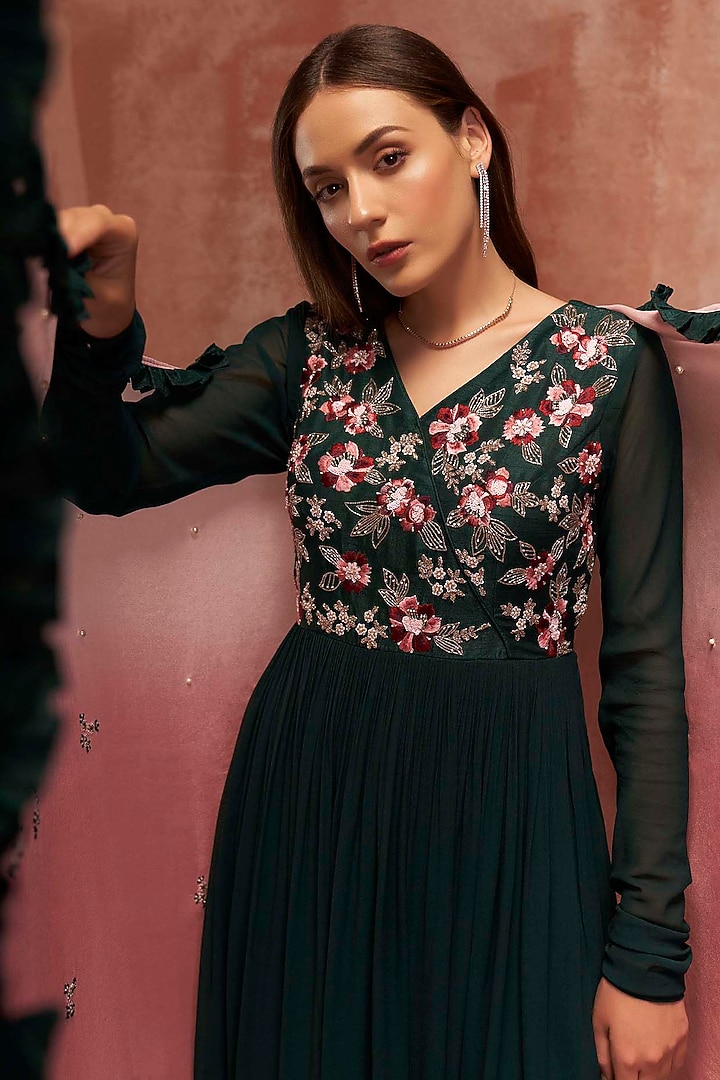 Bottle Green Embroidered Wedding Anarkali Set by Suruchi Parakh at Pernia's Pop Up Shop