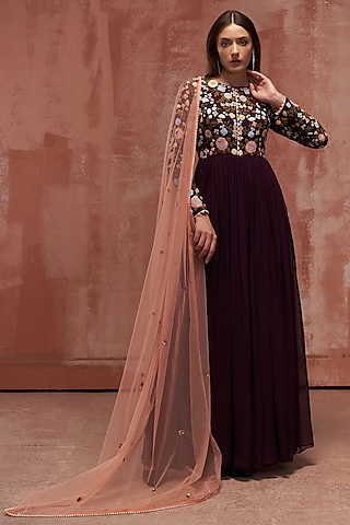 Wine Embroidered Anarkali Set by Suruchi Parakh