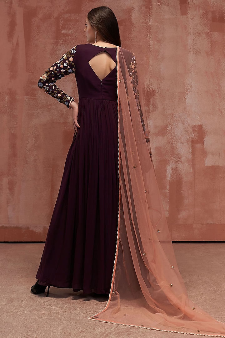 Wine Embroidered Wedding Anarkali Set by Suruchi Parakh at Pernia's Pop Up Shop