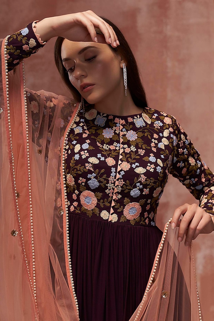 Wine Embroidered Wedding Anarkali Set by Suruchi Parakh at Pernia's Pop Up Shop