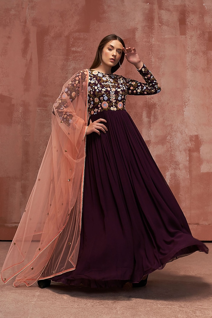 Wine Embroidered Wedding Anarkali Set by Suruchi Parakh at Pernia's Pop Up Shop