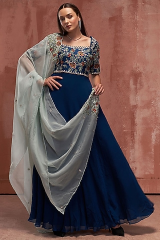 Peacock Blue Georgette Anarkali Set by Suruchi Parakh