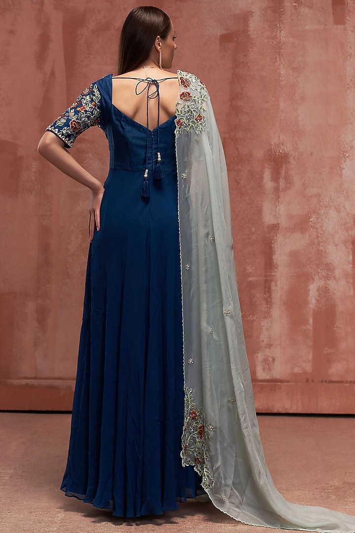 Peacock Blue Georgette Wedding Anarkali Set by Suruchi Parakh at Pernia's Pop Up Shop