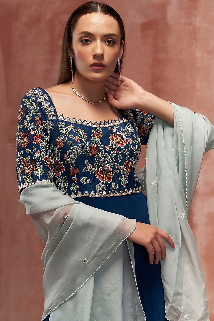 Peacock Blue Georgette Wedding Anarkali Set by Suruchi Parakh at Pernia's Pop Up Shop