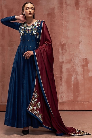 Peacock Blue Silk Anarkali Set by Suruchi Parakh