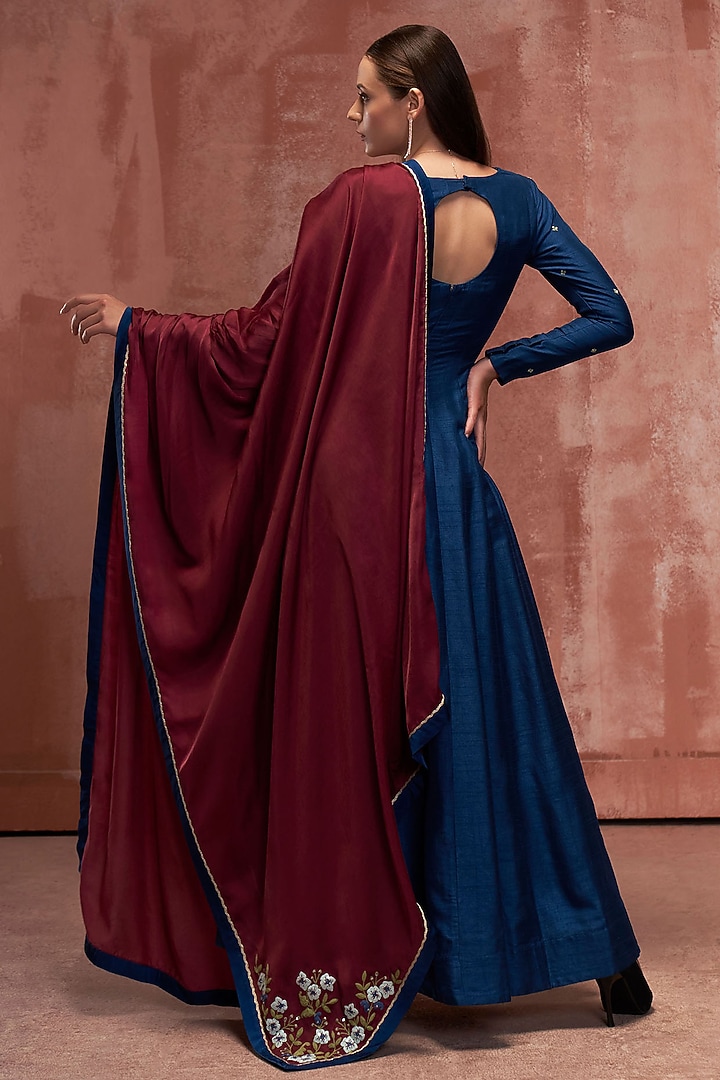 Peacock Blue Silk Party Wear Anarkali Set by Suruchi Parakh at Pernia's Pop Up Shop