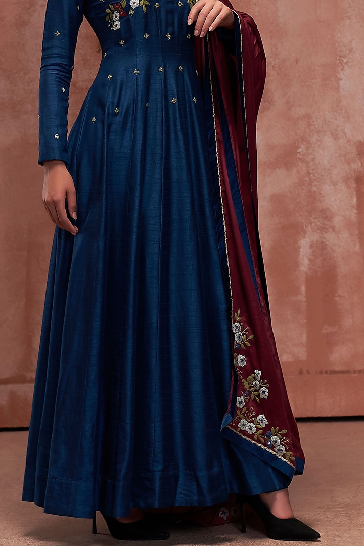 Peacock Blue Silk Party Wear Anarkali Set by Suruchi Parakh at Pernia's Pop Up Shop