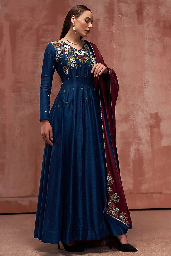 Peacock Blue Silk Party Wear Anarkali Set by Suruchi Parakh at Pernia's Pop Up Shop