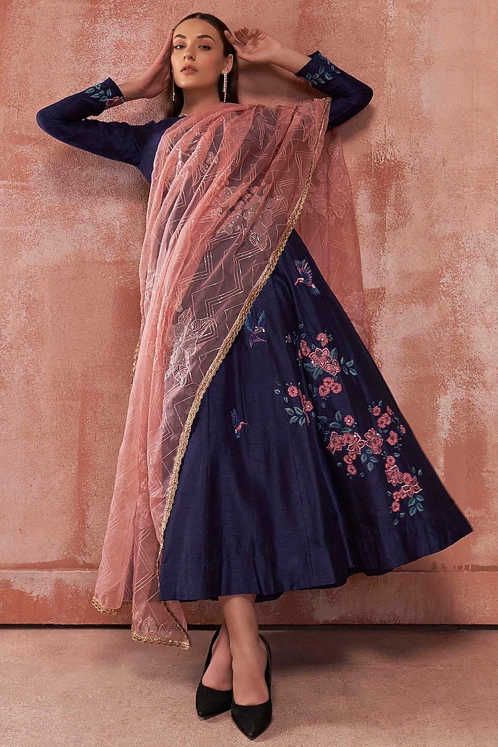 Blue Embroidered Party Wear Anarkali Set by Suruchi Parakh at Pernia's Pop Up Shop