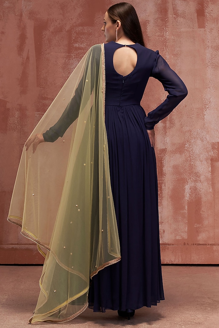 Dark Blue Embroidered Party Wear Anarkali Set by Suruchi Parakh at Pernia's Pop Up Shop