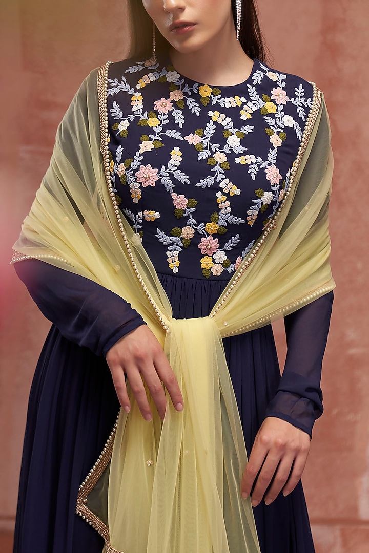 Dark Blue Embroidered Party Wear Anarkali Set by Suruchi Parakh at Pernia's Pop Up Shop