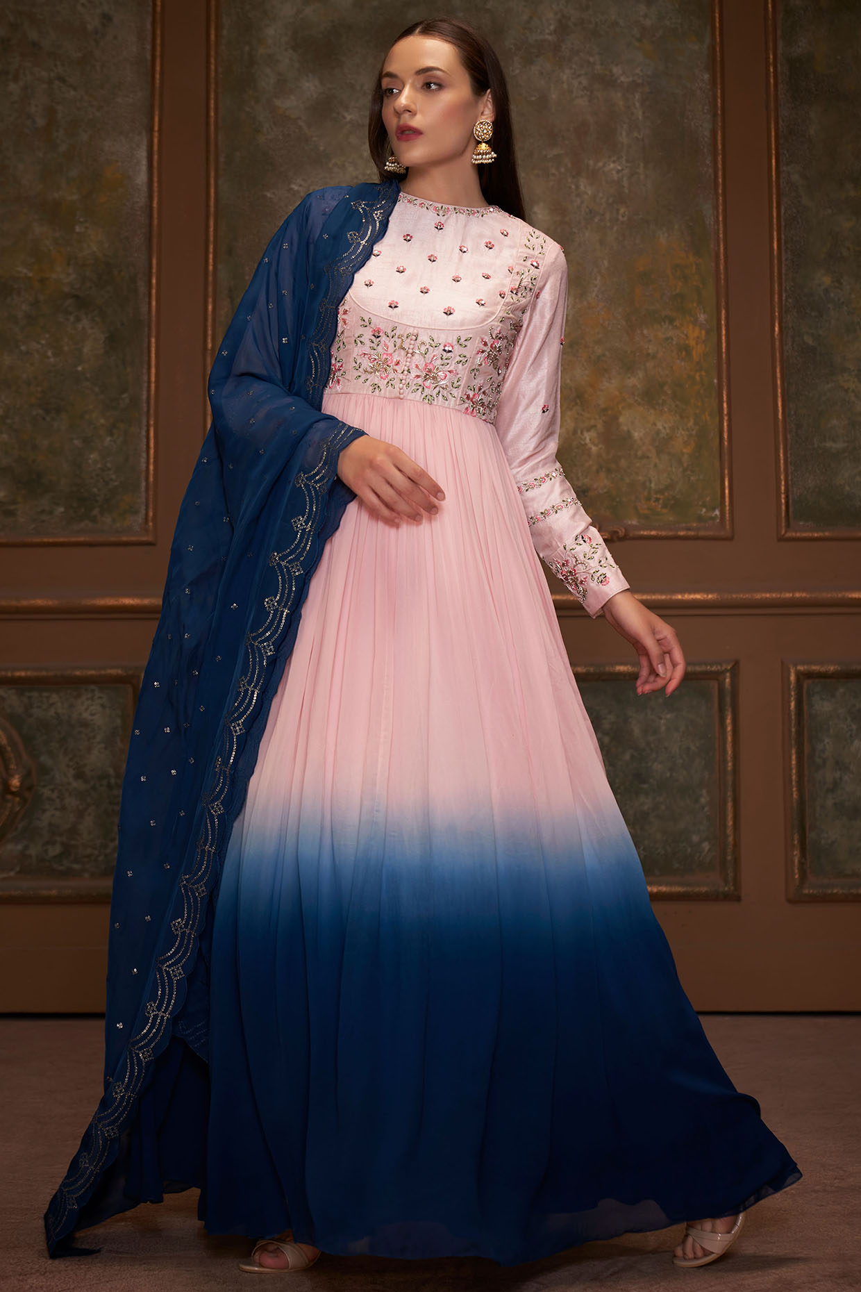 Fashion Basket Women's Silk Semi-Stitched Blue Anarkali Dress Material :  Amazon.in: Fashion