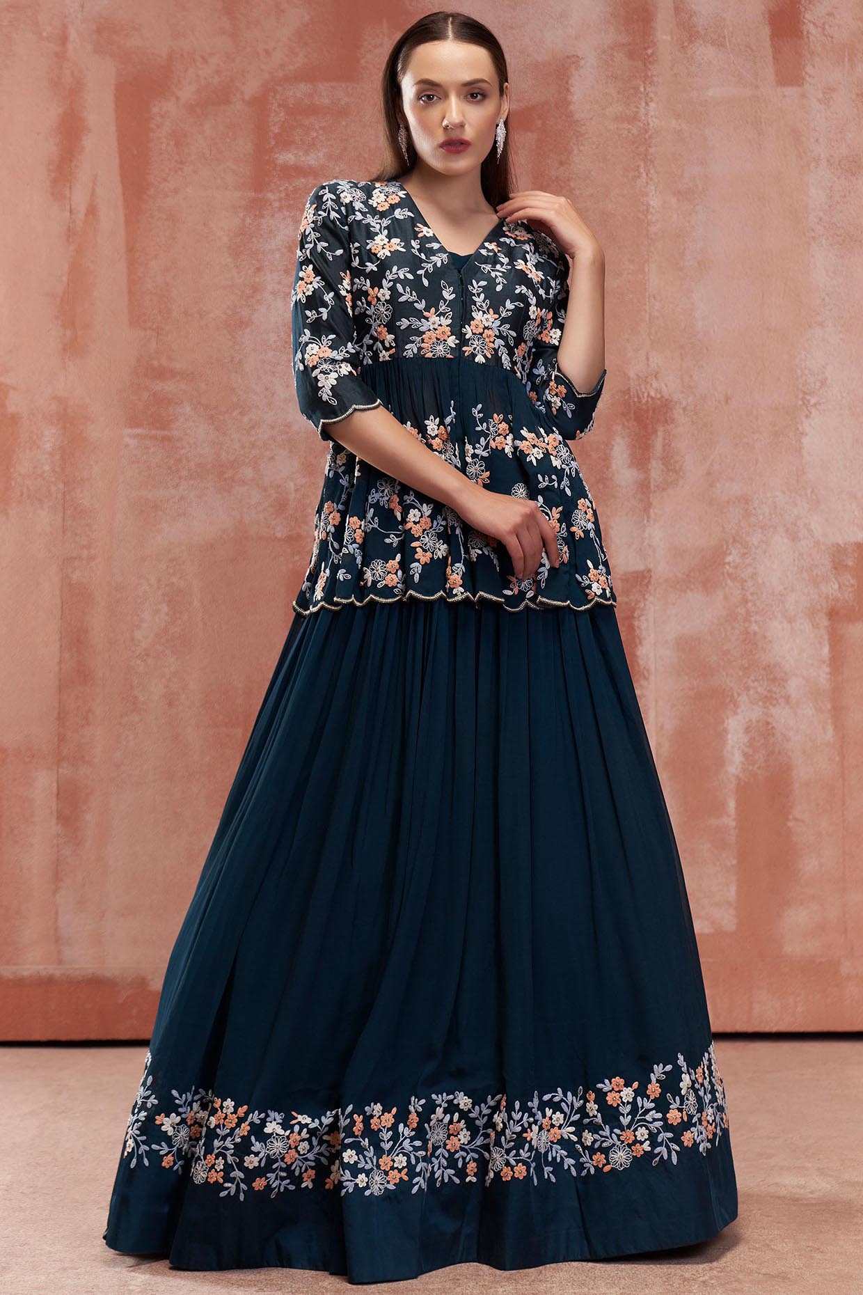 Peacock Blue Embroidered Lehenga Set by Suruchi Parakh