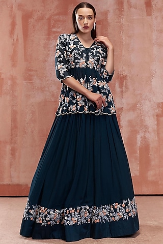 Peacock Blue Embroidered Lehenga Set by Suruchi Parakh