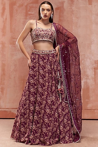 Wine Floral Printed Lehenga Set by Suruchi Parakh
