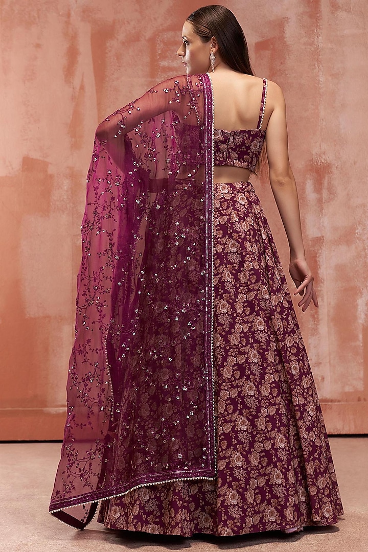 Wine Floral Printed Wedding Lehenga Set by Suruchi Parakh at Pernia's Pop Up Shop
