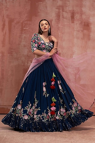 Peacock Blue & Pink Embroidered Lehenga Set by Suruchi Parakh