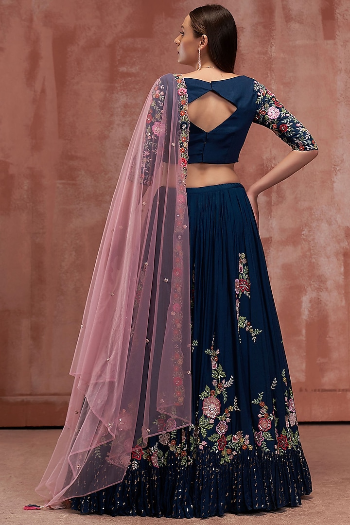 Peacock Blue & Pink Embroidered Wedding Lehenga Set by Suruchi Parakh at Pernia's Pop Up Shop