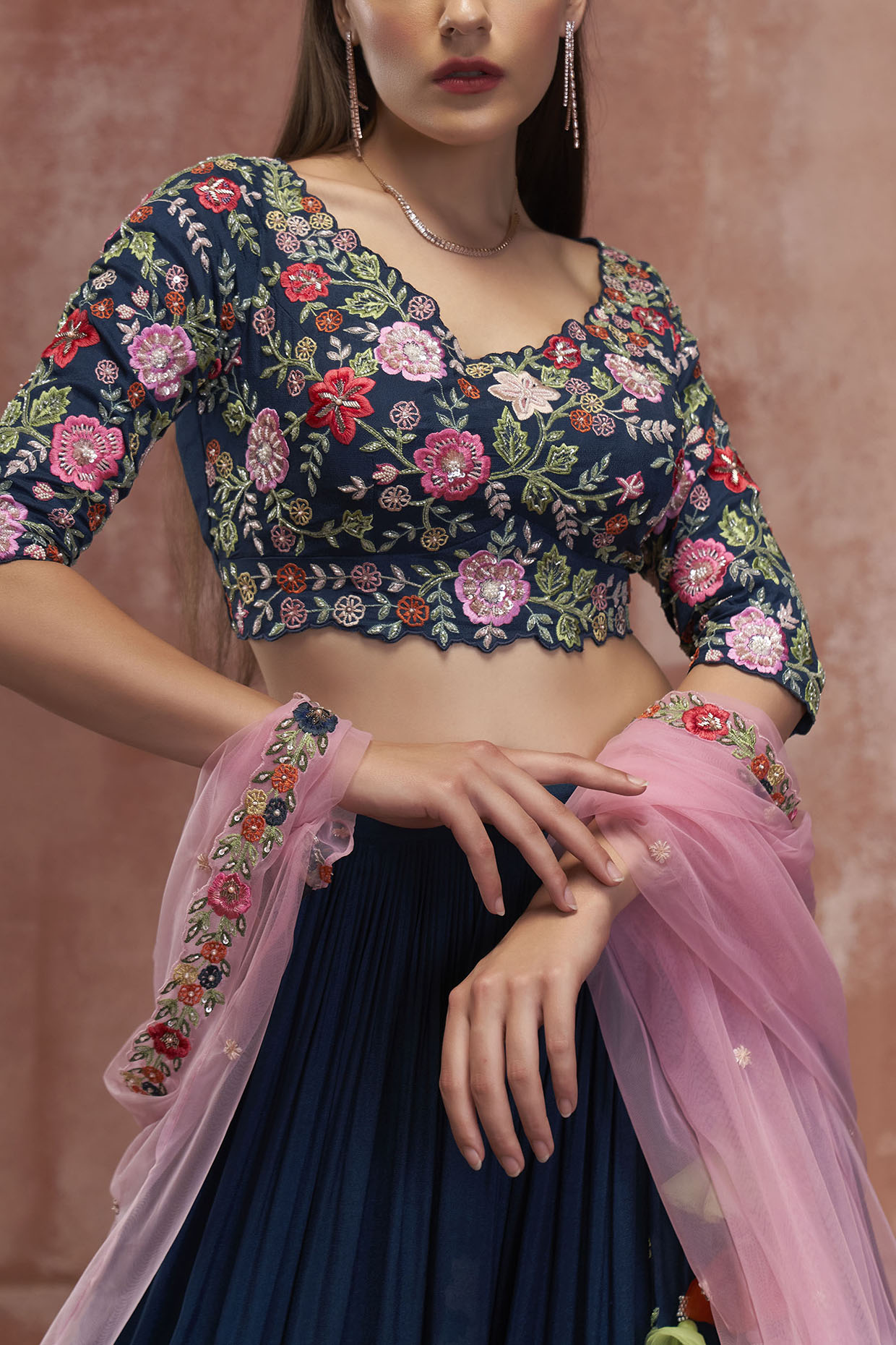 Buy Impressive Pink , Navy Blue Art Silk Embroidered Lehenga Choli –  Inddus.com