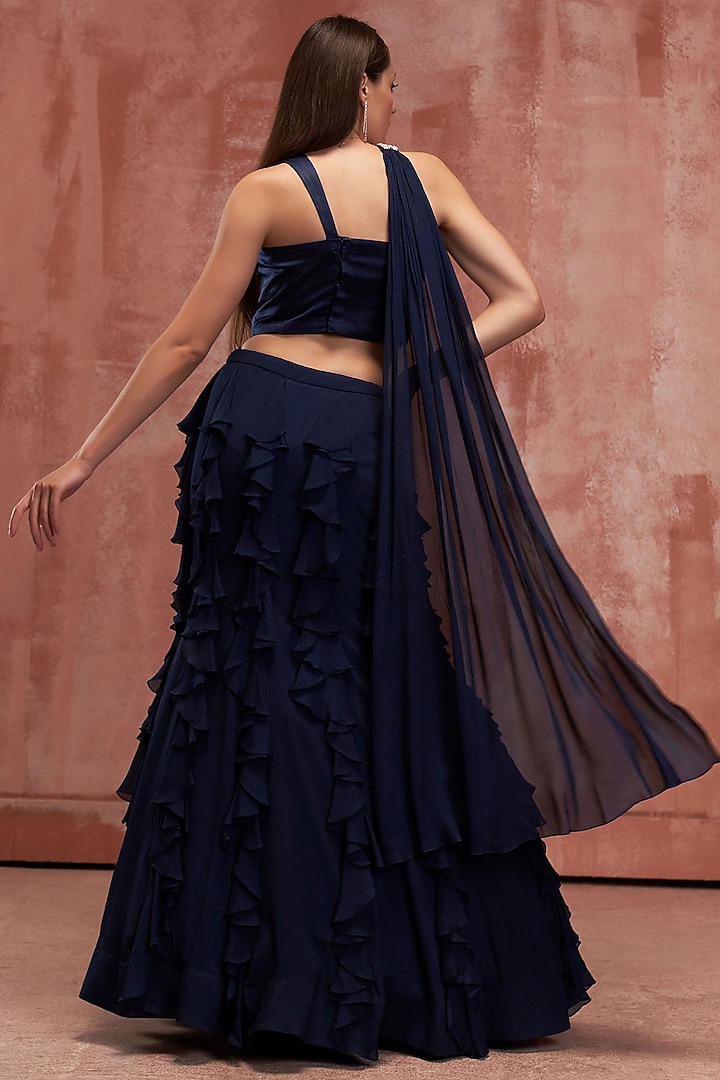 Navy Blue Crepe Ruffled Wedding Lehenga Set by Suruchi Parakh at Pernia's Pop Up Shop