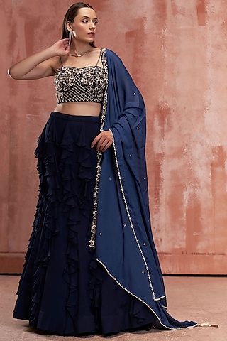 Navy Blue Georgette Ruffled Lehenga Set by Suruchi Parakh