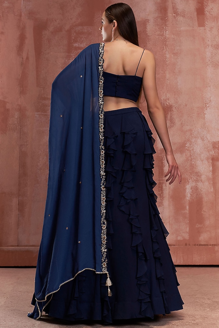 Navy Blue Georgette Ruffled Wedding Lehenga Set by Suruchi Parakh at Pernia's Pop Up Shop