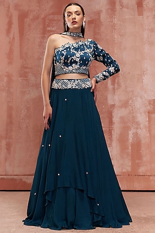 Teal Blue Embroidered Lehenga by Suruchi Parakh
