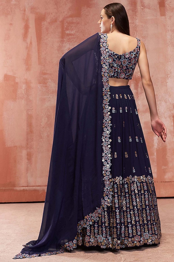 Dark Blue Floral Embroidered Wedding Lehenga Set by Suruchi Parakh at Pernia's Pop Up Shop
