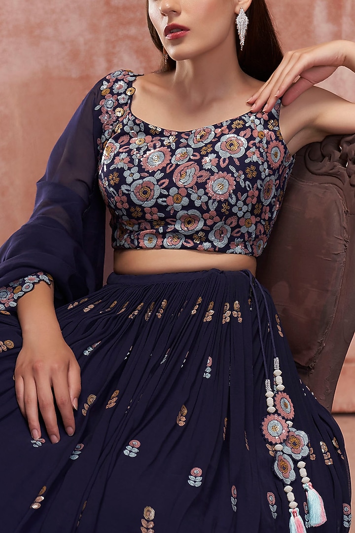 Dark Blue Floral Embroidered Wedding Lehenga Set by Suruchi Parakh at Pernia's Pop Up Shop