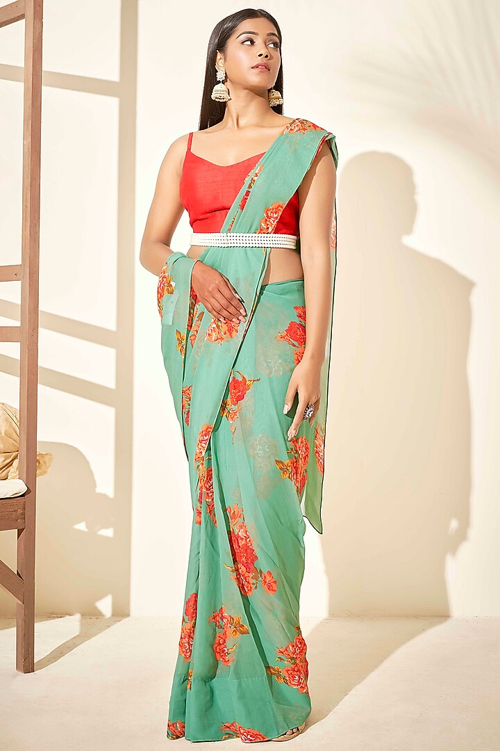 Green & Red Floral Printed Saree Set by Suruchi Parakh