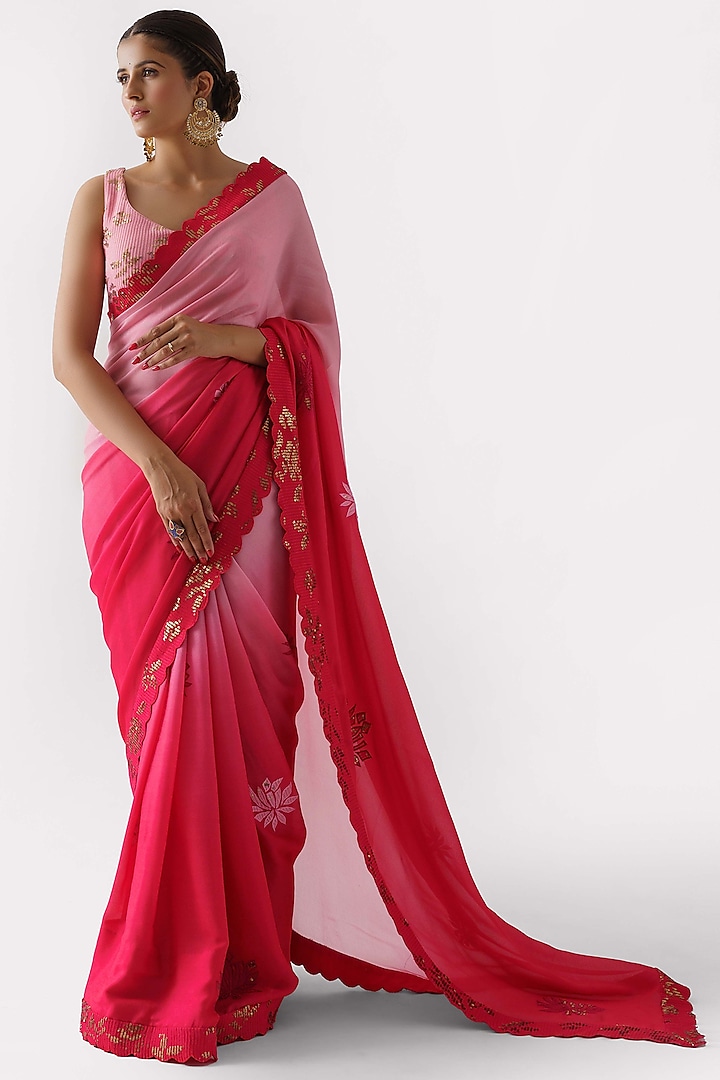 Red & Pink Ombre Embroidered Saree Set by Suruchi Parakh