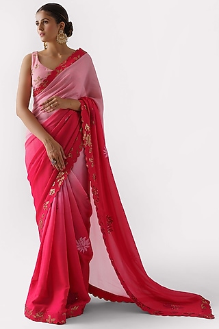 Red & Pink Ombre Embroidered Saree Set by Suruchi Parakh