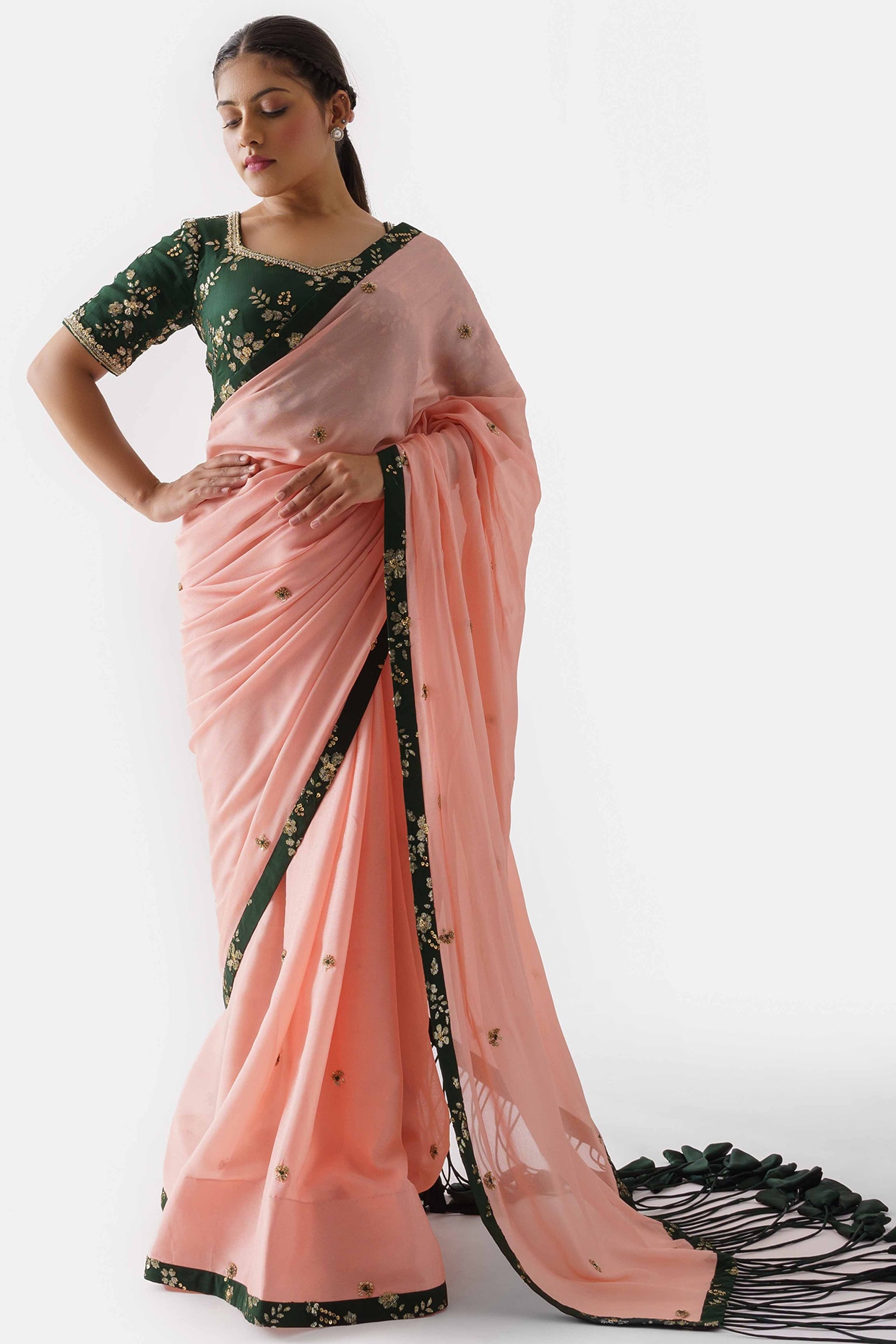 Buy Peach Saree with an Unstitched Blouse by NIDHI THOLIA at Ogaan Online  Shopping Site