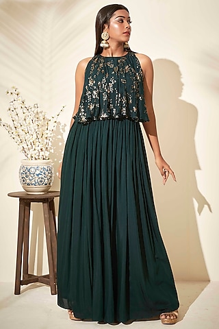 Bottle Green Layered Dress by Suruchi Parakh
