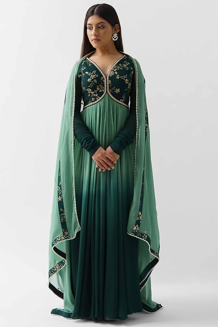 Green Ombre Embroidered Pleated Party Wear Anarkali Set by Suruchi Parakh at Pernia's Pop Up Shop