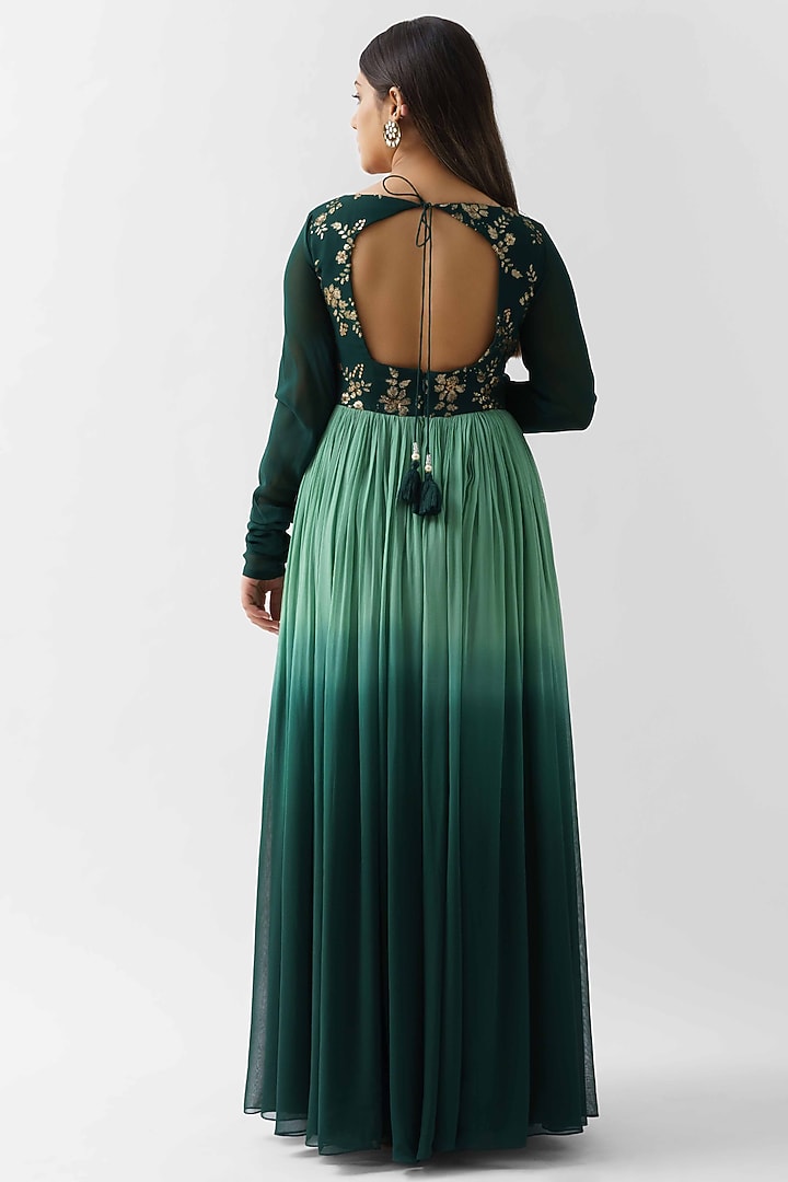 Green Ombre Embroidered Pleated Party Wear Anarkali Set by Suruchi Parakh at Pernia's Pop Up Shop
