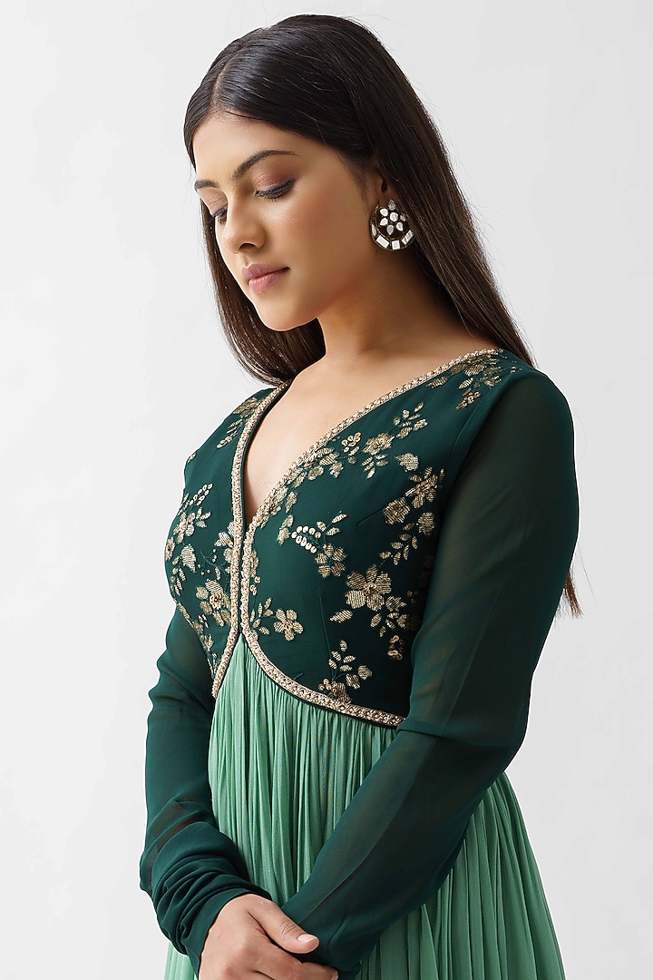Green Ombre Embroidered Pleated Party Wear Anarkali Set by Suruchi Parakh at Pernia's Pop Up Shop