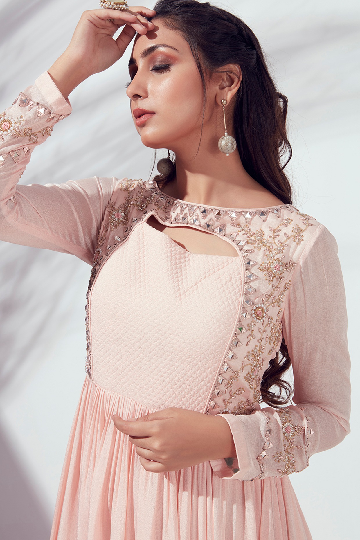 Designer Light Pink Dress With Floral Embroidery - Rent