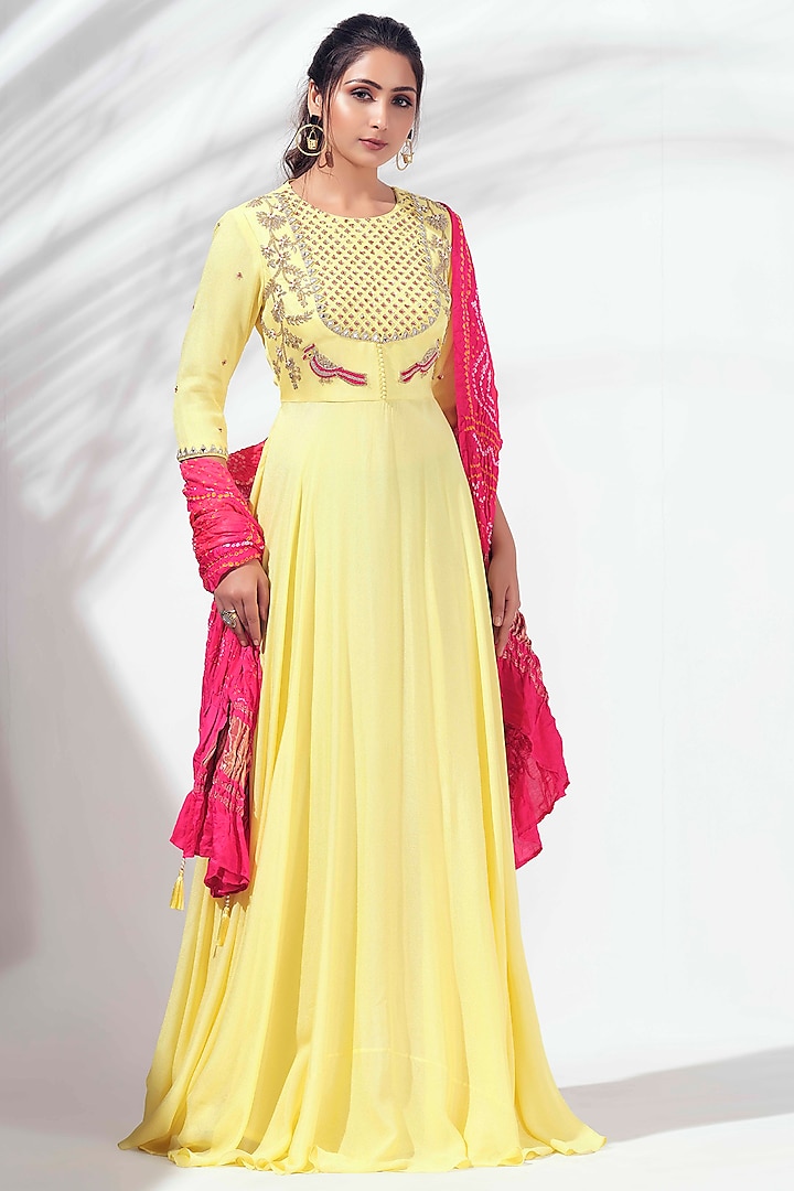 Yellow Hand Embroidered Flared Anarkali Set by Suruchi Parakh