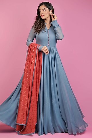 Grey Georgette Anarkali Set by Suruchi Parakh
