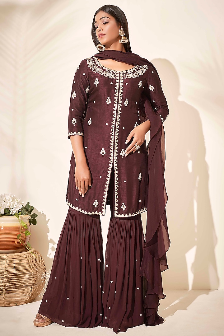 Brown Tussar Silk Flared Sharara Set by Suruchi Parakh