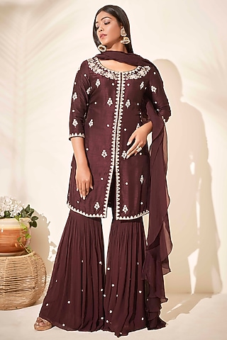 Brown Tussar Silk Flared Sharara Set by Suruchi Parakh