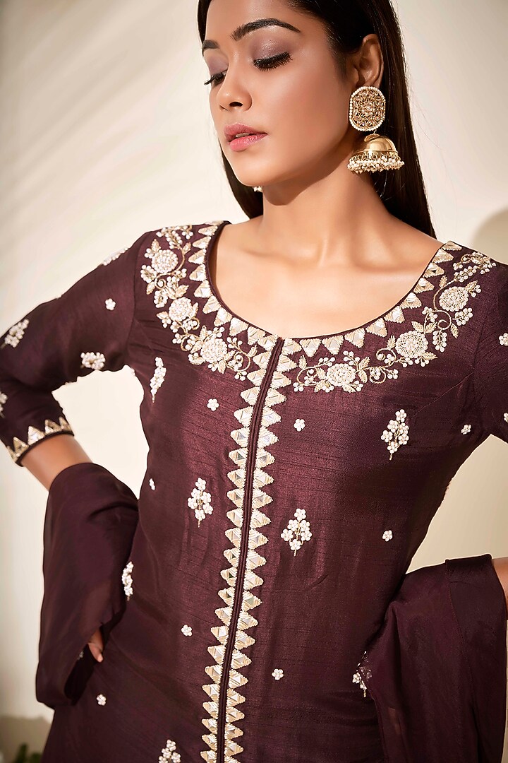 Brown Tussar Silk Flared Party Wear Sharara Set by Suruchi Parakh at Pernia's Pop Up Shop