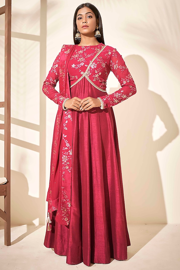 Wine Embroidered Flared Anarkali Set by Suruchi Parakh