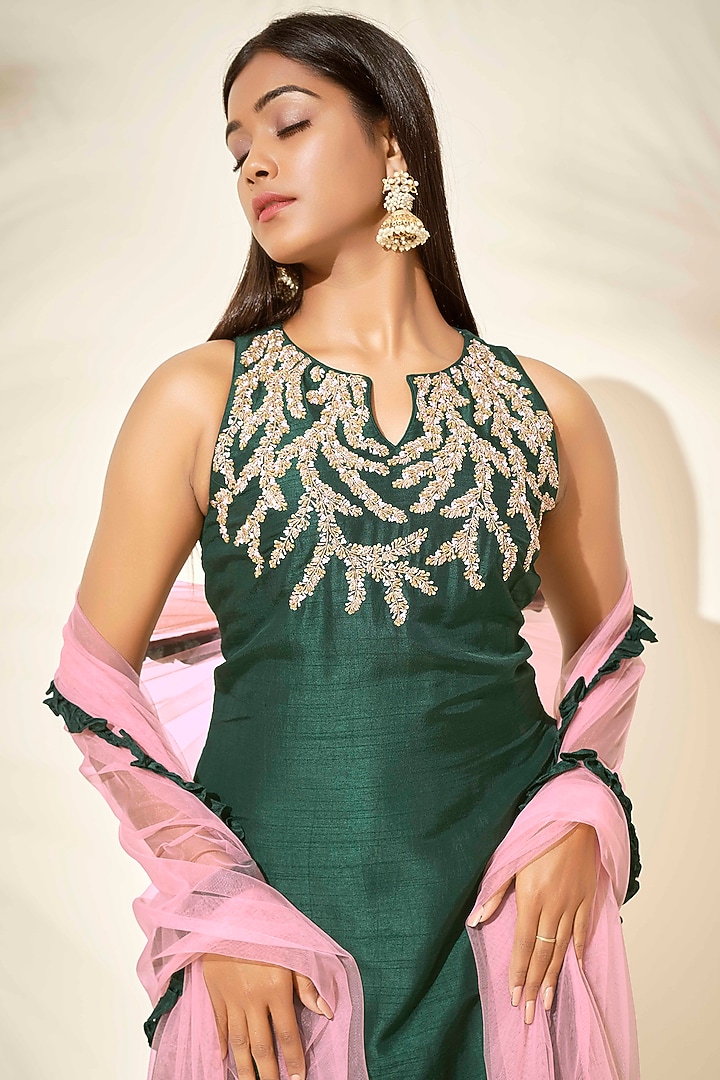 Bottle Green Embroidered Flared Party Wear Sharara Set by Suruchi Parakh at Pernia's Pop Up Shop
