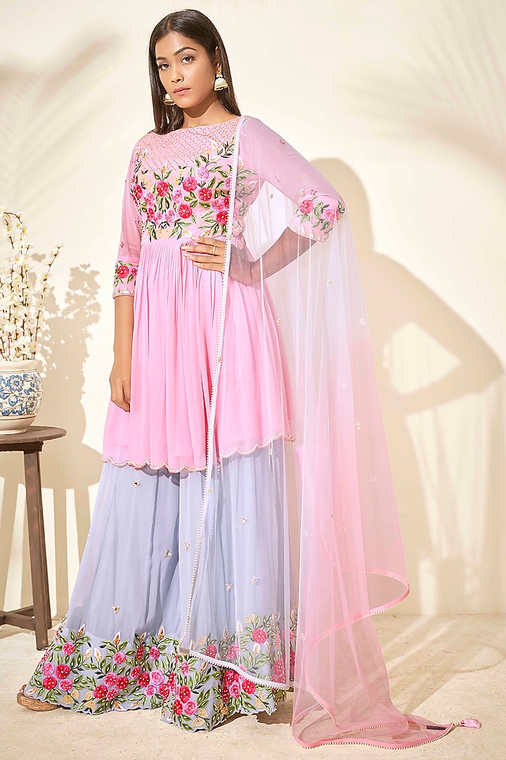 Lilac & Pink Zardosi Embroidered Flared Sharara Set by Suruchi Parakh