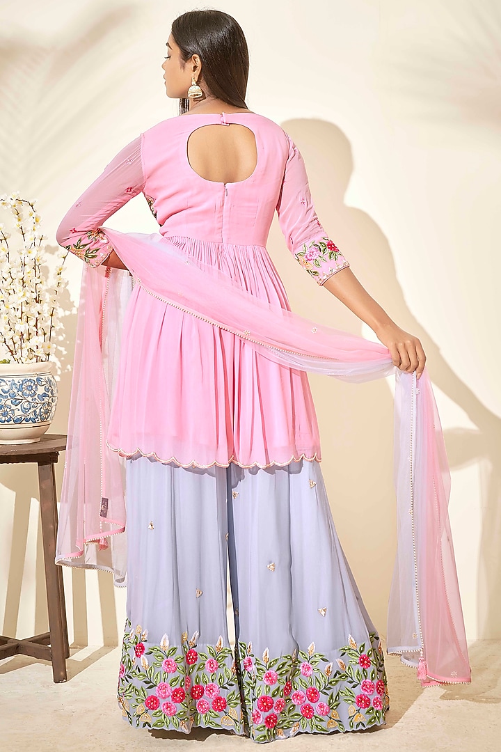 Lilac & Pink Zardosi Embroidered Flared Wedding Sharara Set by Suruchi Parakh at Pernia's Pop Up Shop