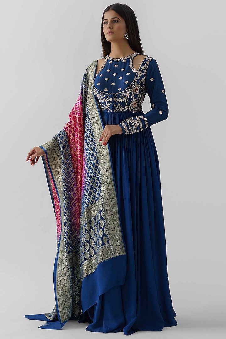 Peacock Blue Hand Embroidered Anarkali Set by Suruchi Parakh